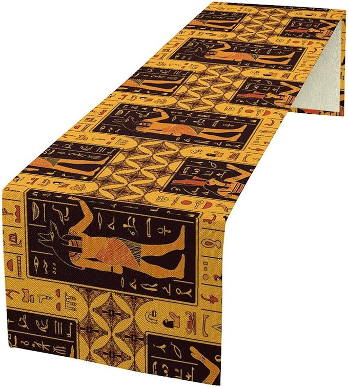 Retro Egypt Table Runner, Vintage Egyptian Gods Ancient Egyptian Hieroglyphs Table Runner for Kitchen Family Dining Holiday Party 13x120in