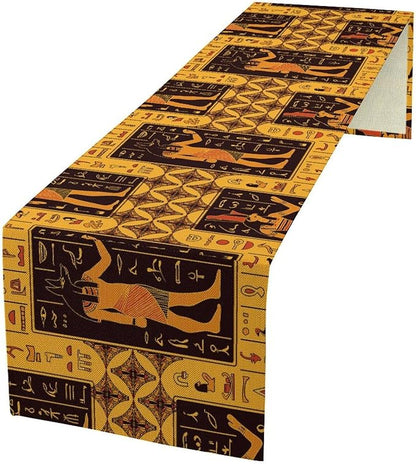 Retro Egypt Table Runner, Vintage Egyptian Gods Ancient Egyptian Hieroglyphs Table Runner for Kitchen Family Dining Holiday Party 13x120in