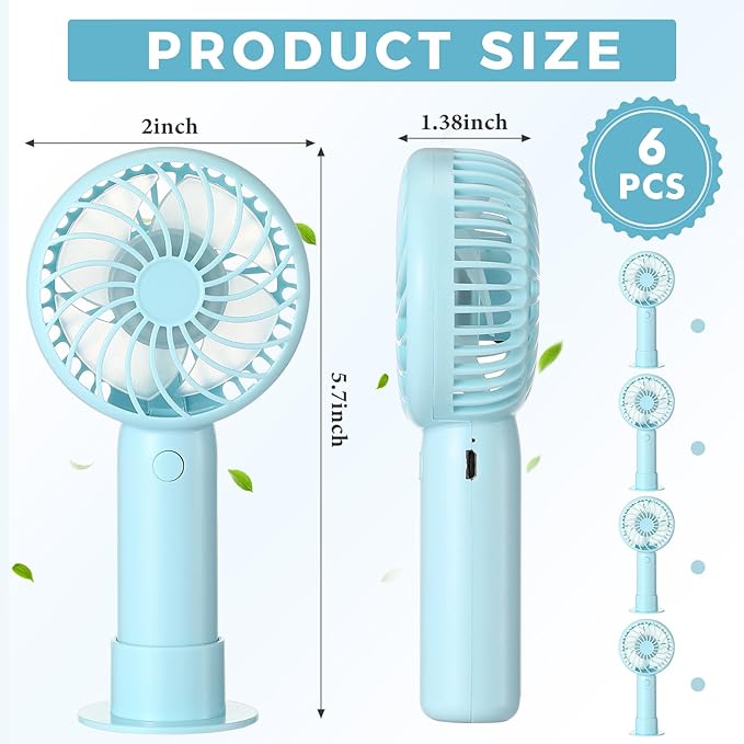 Tujoe 6 Pcs Mini Powerful Handheld Fan 3 Speed Personal Small Portable Rechargeable Fan with Base USB for Women Eyelash Makeup Office Travel Beach Indoor Outdoor (Blue)