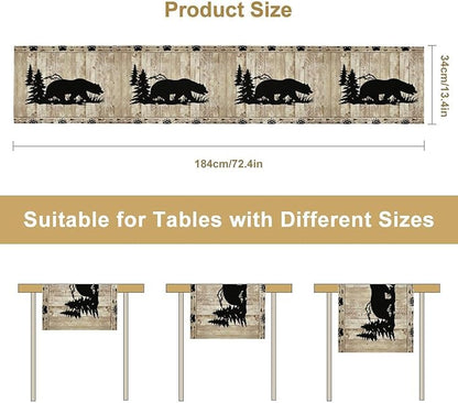 Bear Table Runner, Wild Animals Rustic Cabin Forest Bear Print Wooden Board Table Runner for Dining Kitchen Home 13x36in