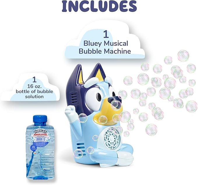 BLUEY NO Spill Musical Bubble Machine | Bubble Toy for Baby, Toddlers and Kids | Amazon Toys Exclusive with 16 oz of Extra Bubble Solution (Bubble Solution Bottle Colors Will Vary)
