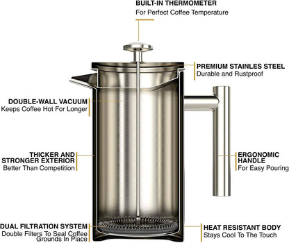 Barista Warrior French Press with Thermometer - Insulated Coffee Press - Stainless Steel Coffee Maker (1.0L, 34 fl oz, Silver)