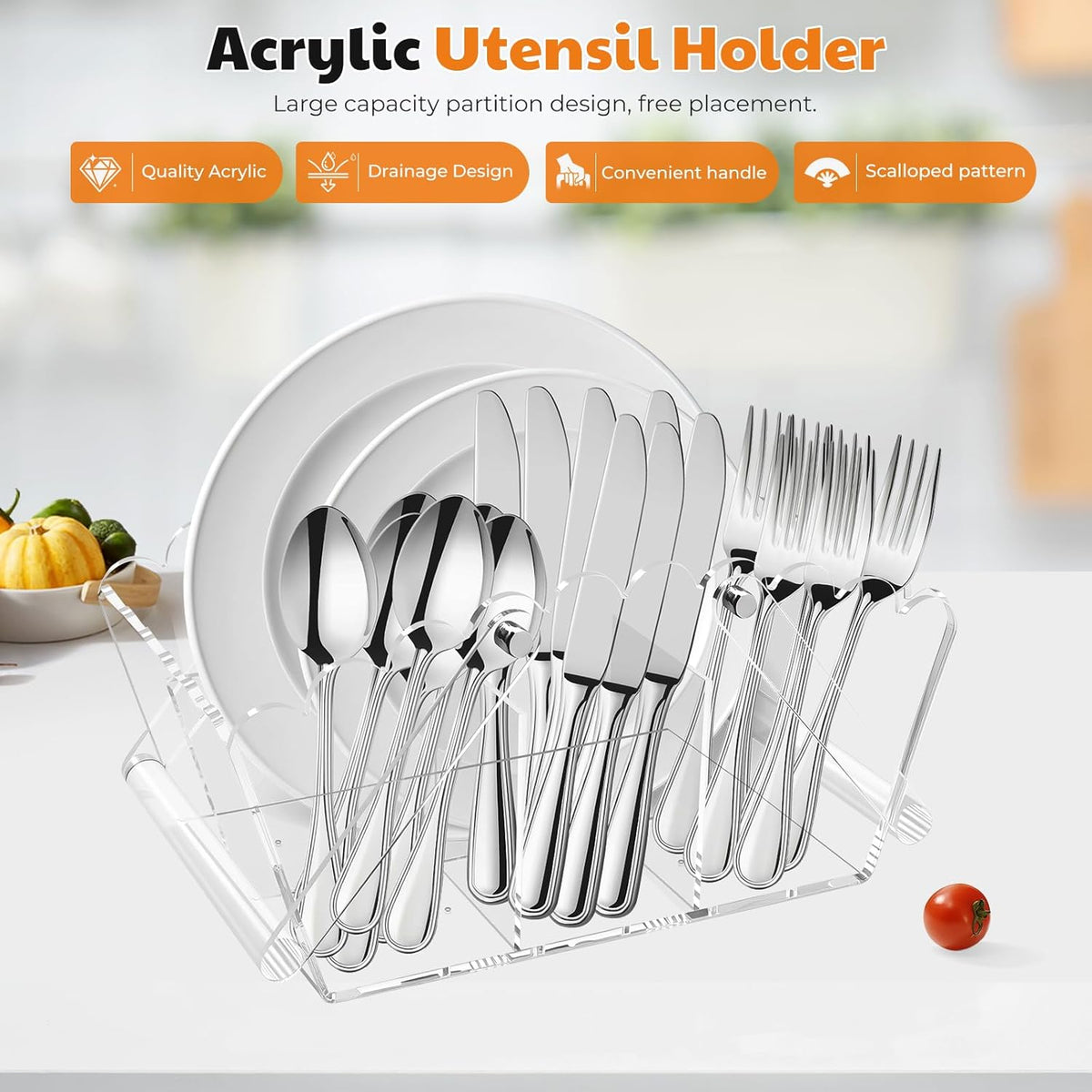 Scalloped Silverware Organizer. Acrylic Utensil Caddy.Heavy-Duty Countertop Cutlery Holder for Spoons,Forks,Knives, Napkins,Plates Space-Saving Countertop Cutlery Caddy - Picnic Party Essential