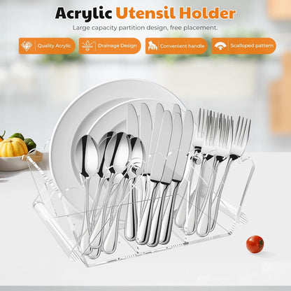 Scalloped Silverware Organizer. Acrylic Utensil Caddy.Heavy-Duty Countertop Cutlery Holder for Spoons,Forks,Knives, Napkins,Plates Space-Saving Countertop Cutlery Caddy - Picnic Party Essential