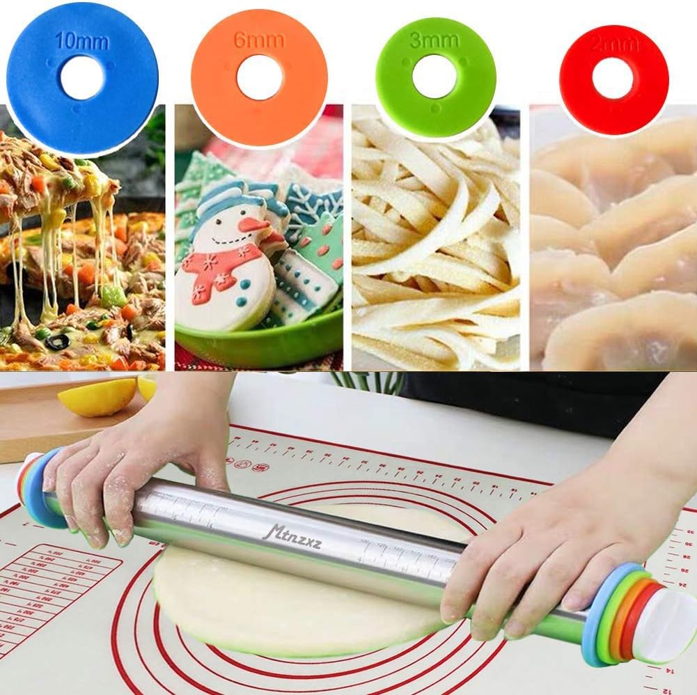 Rolling Pin and Silicone Baking Pastry Mat Set, Stainless Steel Dough Roller, Rolling Pins with Adjustable Thickness Rings, for Baking Fondant, Pizza