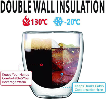 Glass Coffee Mugs Set of 2, Double Walled Clear Coffee Cups 12oz, Clear Latte Espresso Mugs for Milk Juice