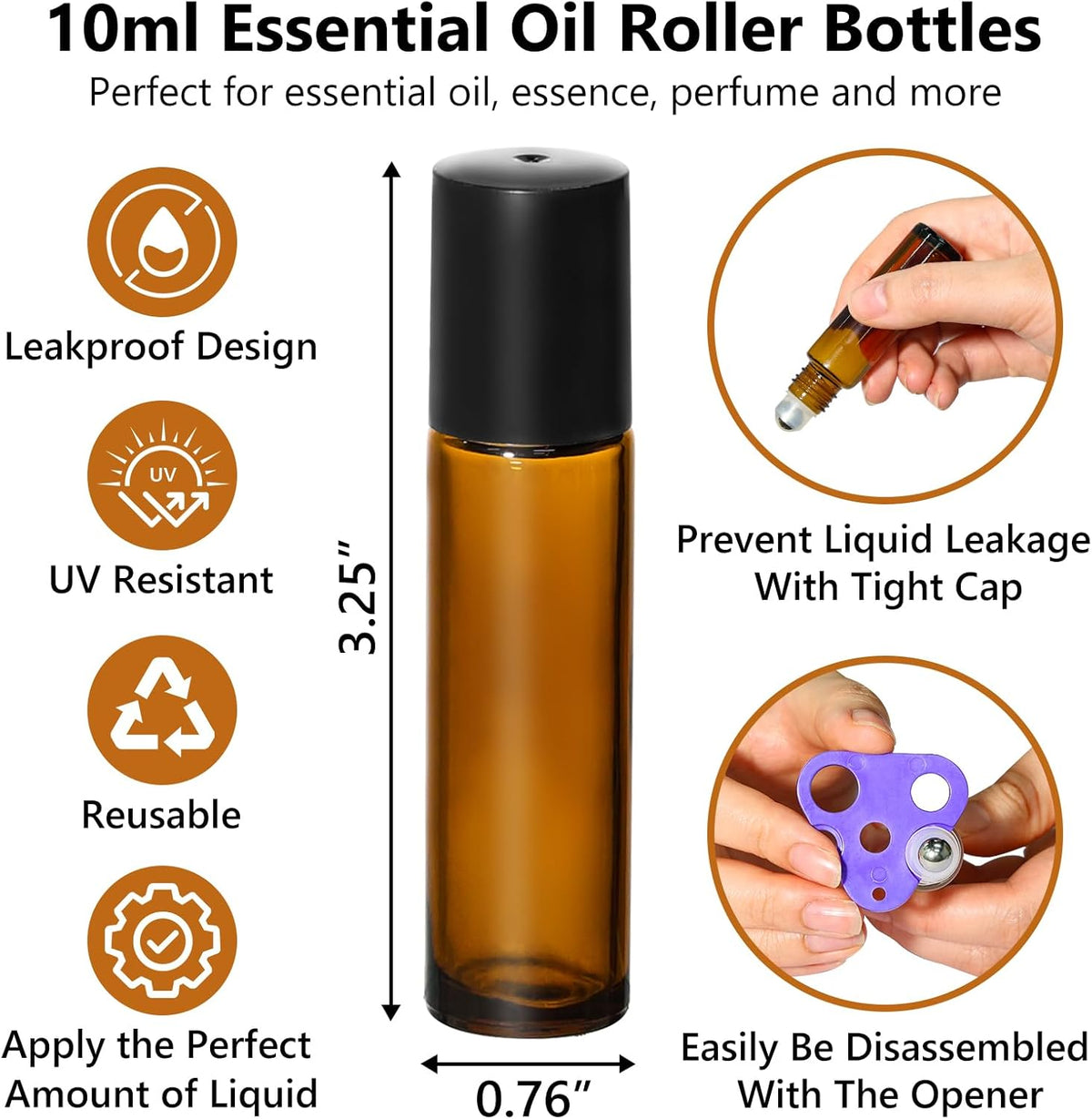 KEYWING 10ml Amber Roller Rottles for Essential Oils - 24PCS Glass Roll on Bottles with Black Caps & Stainless Steel Roller Balls, Empty Perfume Refillable Bottle for Travel