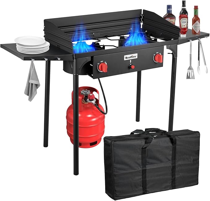 Bestfire 2 Burner Camping Stove with Windpanel& Side Shelves, Bag, Auto Ignition Button,Regulator,150,000 BTU Camping Stove Propane Burner With Removable Legs for Outdoor BBQ&Backyard