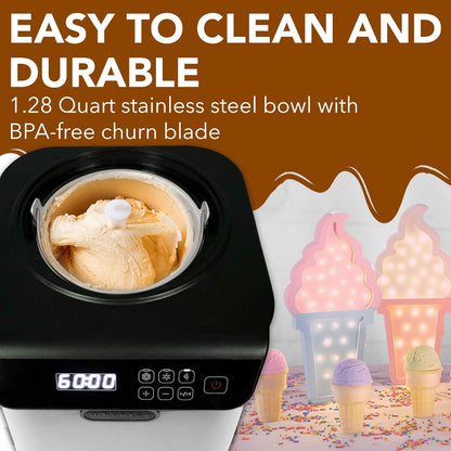 Whynter Ice Cream Maker Machine Automatic 1.28 Qt Upright with Built-in Compressor, LCD Digital Display & Timer, No Pre-Freezing, ICM-128WS, White