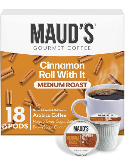 Maud's Cinnamon Roll Flavored Coffee Pods, 18 ct, Medium Roast Flavored Coffee in Recyclable Single Serve Pods – 100% Arabica Beans
