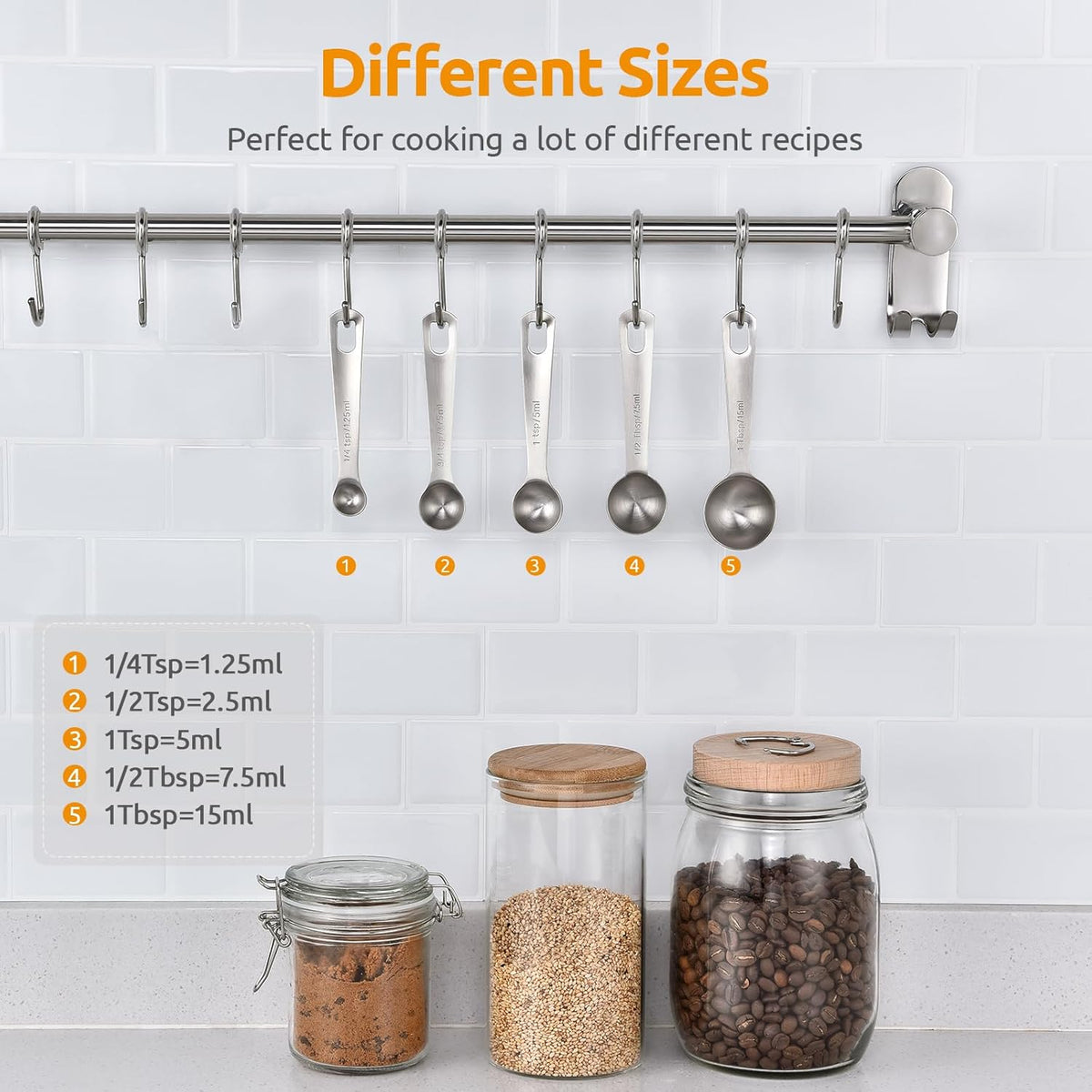 U-Taste Teaspoon Tablespoon Measuring Spoons: 18/8 Stainless Steel Measure Scoop Set of 5, 1/4 TSP, 1/2 TSP, 1 TSP, 1/2 Tbsp & 1 Tbsp