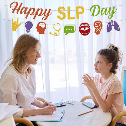 National SLP Day Decorations - 2PCS Gittler Happy SLP Day Speech Language Pathologist Awareness Banners Decor, Colorful Speech Therapy Month Party Supplies (No-DIY)