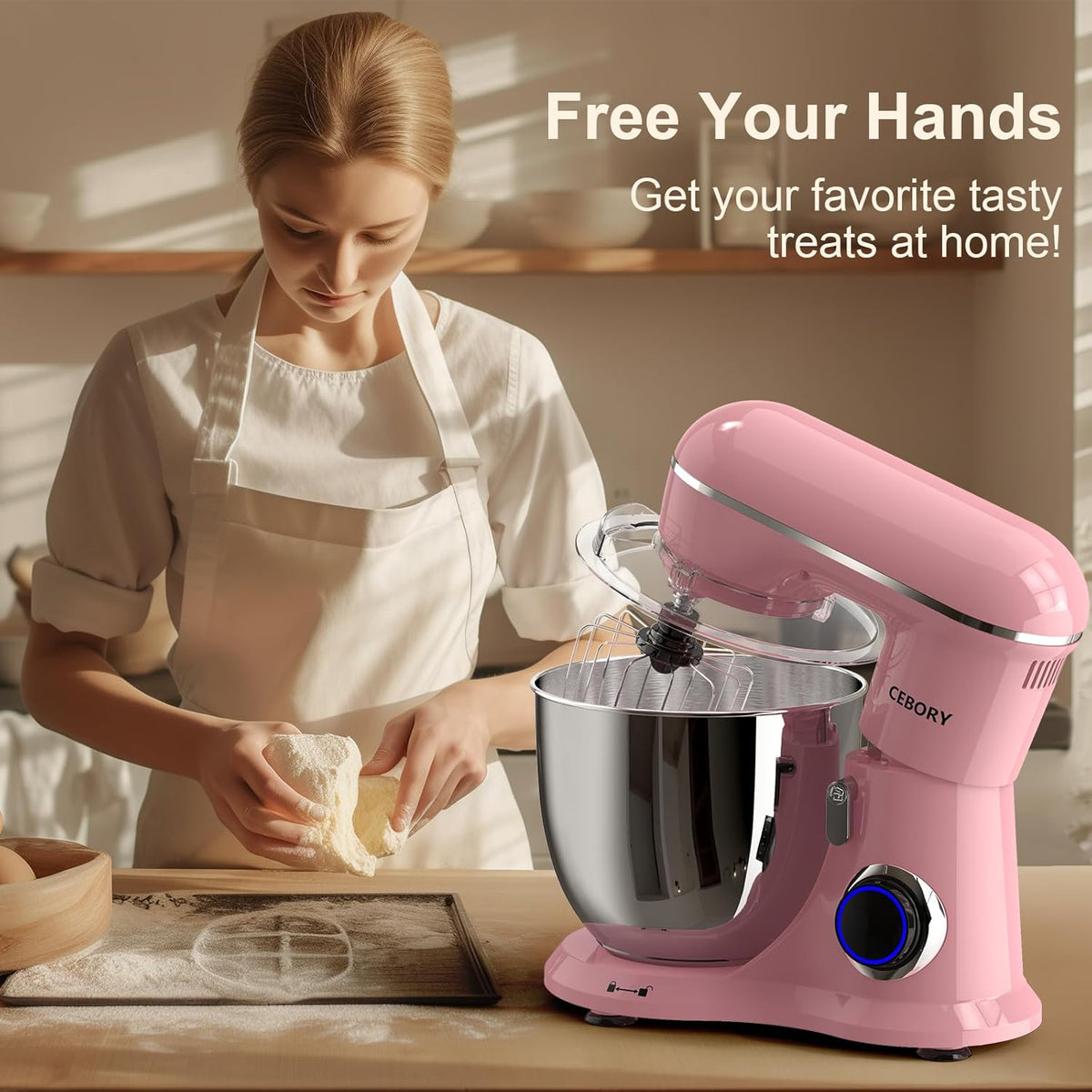 3-IN-1 Electric Stand Mixer, 6.5QT Bowl 660W 10-Speed Kitchen Mixer, Household Food Mixers include Dough Hook, Beater and Whisk, Bread Cake Mixer for Baking and Most Home Cooks, Pink