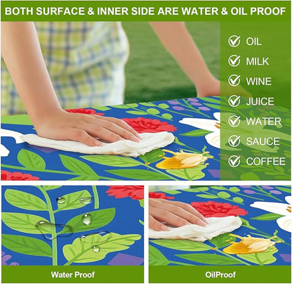 Blue Floral Picnic Table Cover with Bench Covers Set of 3-White Lilies and Red Flowers,Elastic Fitted Tablecloth for 6 Ft Tables, Washable Polyester Cover for Camping, Indoor & Outdoor