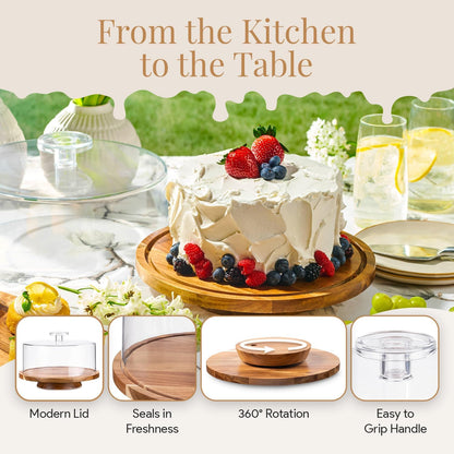 Rotating Cake Stand With Lid - 12 Inch Round Cake Holder with Cover, 4” Tall, Acacia Wood Spinning Cake Turntable for Decorating