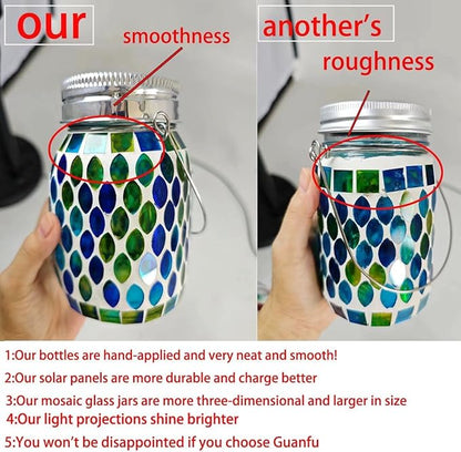 2pack Solar Mosaic Outdoor Waterproof Cool Blue Mosaic jar Decor Christmas Gifts for Women Mom Grandma Halloween Hanging Solar Lights Decoration Outside for Yard, Patio,Backyard,Porch (Modern)