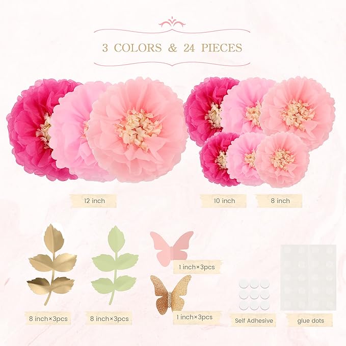 Fonder Mols Tissue Paper Chrysanth Flowers with Butterfly and Olive Leaves for Wedding Baby Shower Nursery Room Parties & Events Decorations Pom Poms (Pink)
