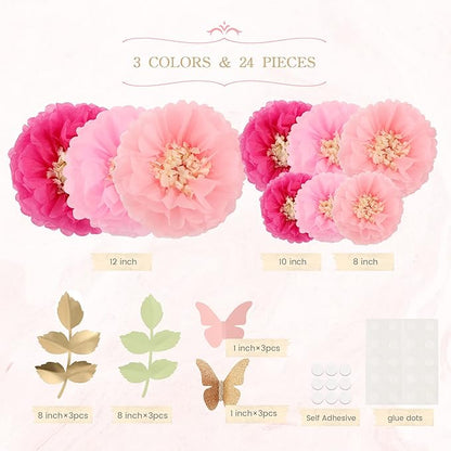 Fonder Mols Tissue Paper Chrysanth Flowers with Butterfly and Olive Leaves for Wedding Baby Shower Nursery Room Parties & Events Decorations Pom Poms (Pink)