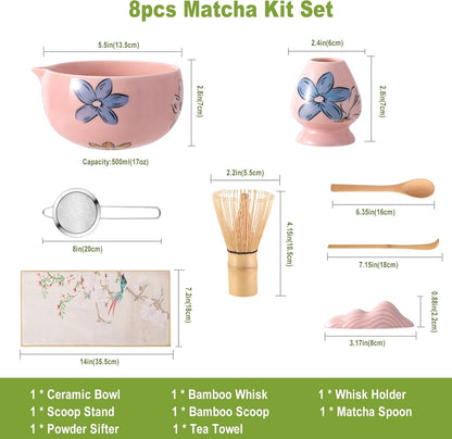 Matcha Whisk Set Pink,8pcs Matcha Set Whisk And Bowl,Matcha Kit With Bamboo Whisks,Ceramic Matcha Bowl,Sifter,Scoop,Holder,Towel,Stand,Spoon