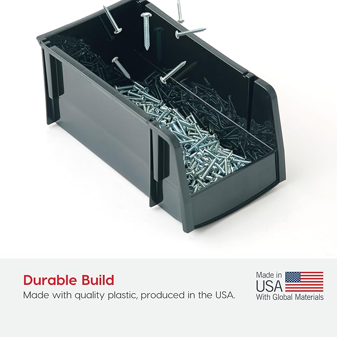 IRIS USA Medium Stackable Storage Bins, 4-Pack, 11" L x 6" W x 5" H, |Made in USA|, Plastic Open Front Shelf Bin for Organizing Parts, Hardware, Tools, Supplies, Garage Shelf, Pantry - Black
