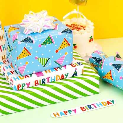 WRAPAHOLIC Mini Birthday Wrapping Paper Rolls - 3 Rolls, 17 Inch X 120 Inch Each - Happy Birthday Lettering and Stripe for Kids, Baby Shower