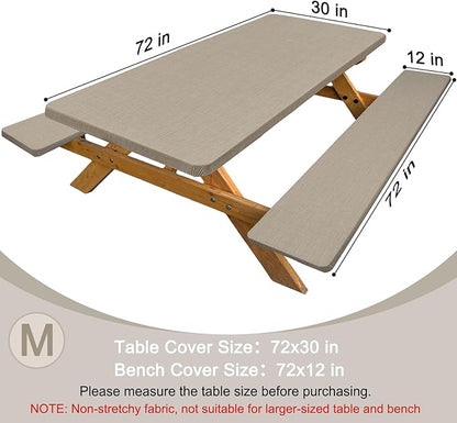 Picnic Table Cover with Bench Covers Windproof Waterproof Picnic Table Covers Camping Tablecloth with Self-Storage Bag, 72in, Light Brown