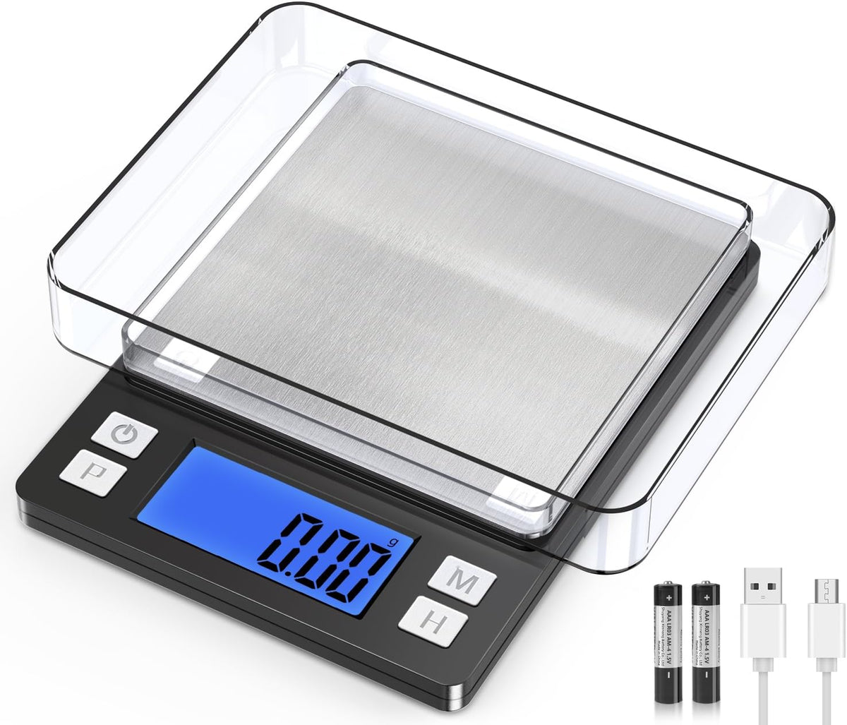Bomata 0.01g/1kg Upgraded Small Digital Scale, USB Rechargeable, with Larger Display and Hold,Tare Function, 9 Units