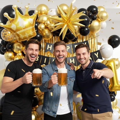 21st Birthday Decorations for Him 150pcs with Number 21 Foil Balloon Fringe Curtains White Black and Gold Balloons Arch Kit for 21st Birthday Decorations Graduation Birthday Balloons for Bed