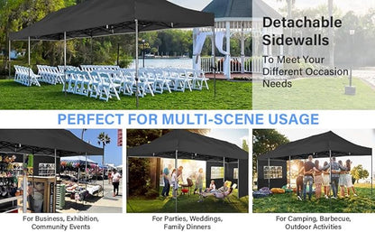 COBIZI 10x30 Heavy Duty Pop Up Canopy Tent with 8 Sidewalls Thicken Frame, Commercial Easy Up Outdoor Wedding Party Tents, All Season Waterproof Windproof with Stakes Sandbags Ropes Roller Bag, Black