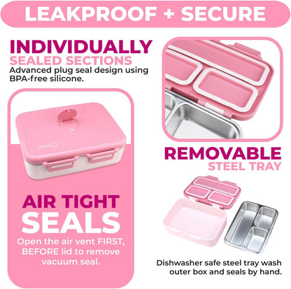 Stainless Steel Bento Box Lunch Container for Kids Adults with Removable Tray, Leakproof Silicone Seals, BPA Free 26 oz/790 mL (Pink)