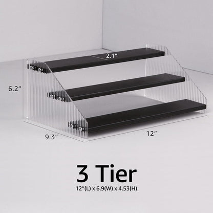 nianfeng Tiered Spice Rack, 3-Tier Spice Pantry Kitchen Cabinet Organizer, 12-Inch, Natural Wood Acrylic Stair Riser Stand, Countertop Seasoning Shelf (Black)