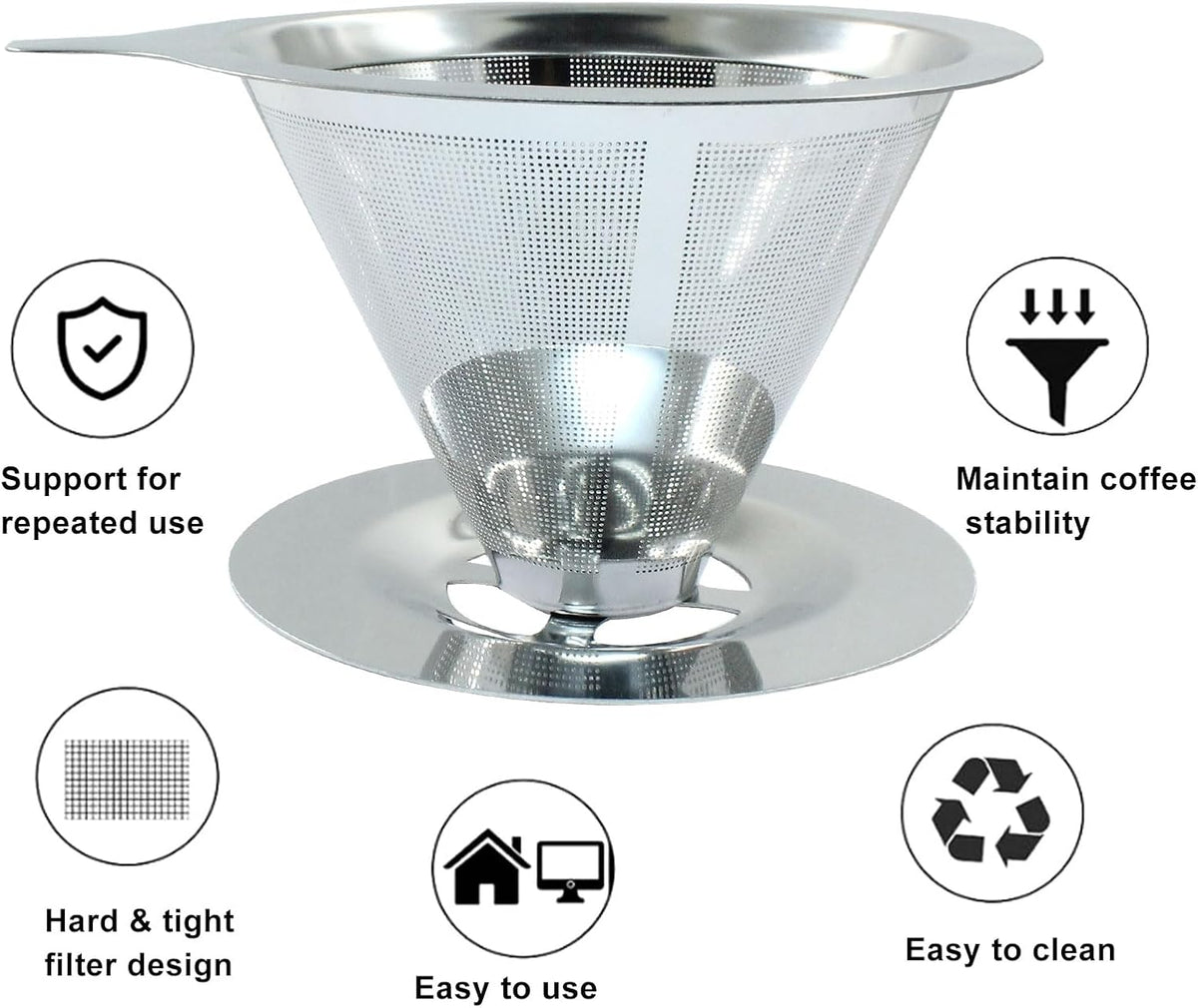 Waziaqoc Pour Over Coffee Dripper, Slow Drip Paperless Coffee Filter, Stainless Steel Pour Over Coffee Maker for 1-2 Cups Brew