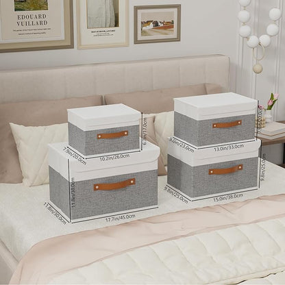 Yawinhe Collapsible Storage Bins, Stackable Boxes with Lids, Cube Clothes Organizer Basket with Handles for Home, Grey and White, 10.2x7.9x6.7 In, 5-Pack, SNK024WGN-5