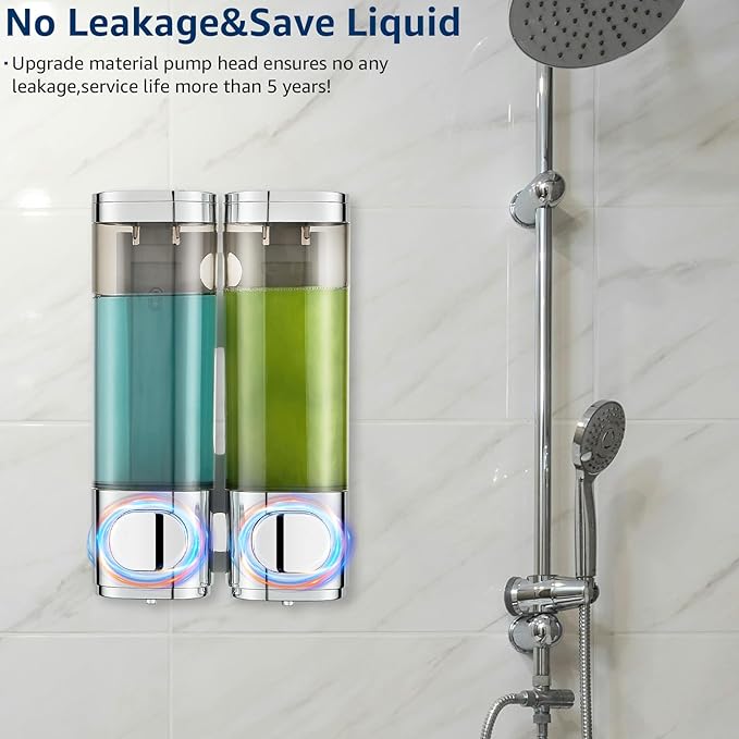 pollock Shampoo Dispensers for Shower Wall Mounted, Shower Shampoo Dispenser 2 Chamber No Drill Shampoo and Conditioner Dispenser Body Wash Dispenser for Bathroom,Large Capacity,Chrome