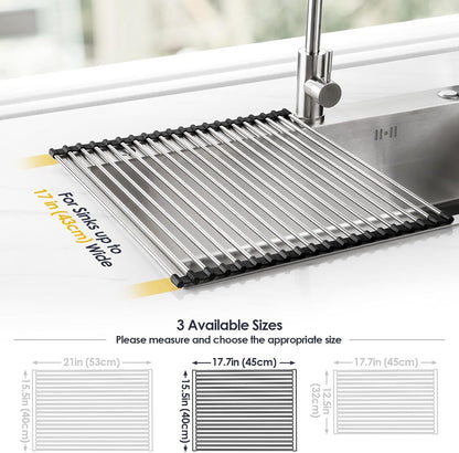 Tomorotec 17.7" x 15.5" Roll Up Dish Drying Rack Over Sink Drying Rack Sink Cover Kitchen Sink Accessories Gadget Multipurpose Organizer Foldable Stainless Steel Drainer