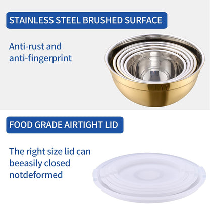 Gold Mixing Bowls With Airtight Lids,Stainless Steel Bowl,Salad Bowls 5 Piece Colorful Nesting Bowl Gold Kitchen Accessories,Size 5.5,3.6,2.7,2.1