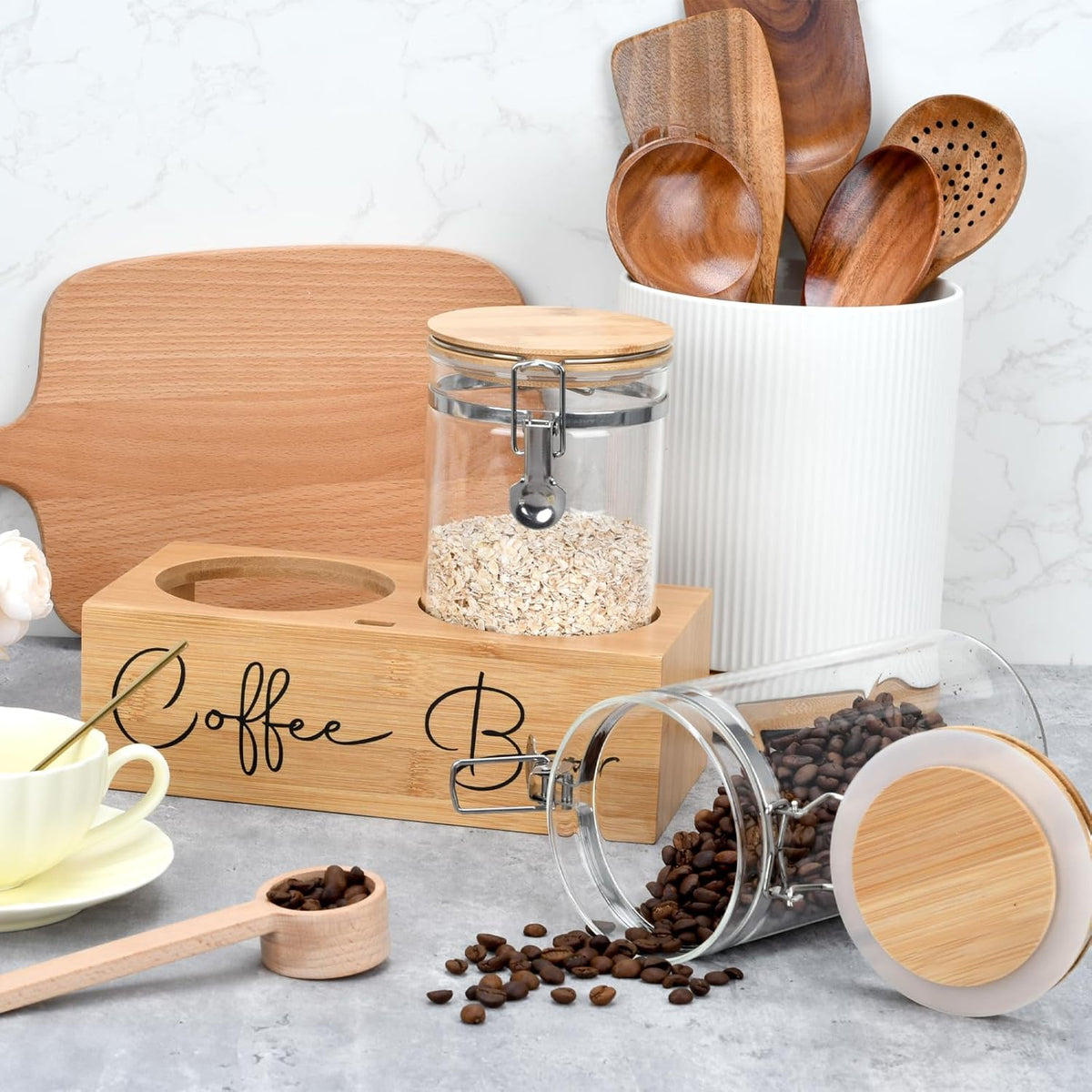 Glass Coffee Canister Set with Bamboo Shelf & Spoon - 2 Airtight Containers (47oz Each) for Coffee Beans, Ground Coffee, Sugar, Flour