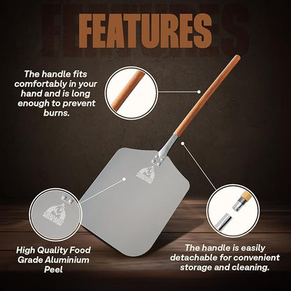 Chicago Brick Oven Pizza Peel 12" x 14", Pizza Paddle, 35.5" Long Aluminum Metal Pizza Peel with Detachable 21" long Wooden Handle, Pizza Turning Spatula, Pizza Shovel
