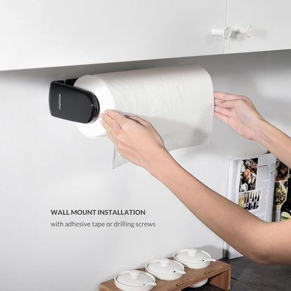 simpletome Paper Towel Holder Under Cabinet or Wall Mount ONE Hand Operation Tension Arm Kitchen Roll Holder (Black, for 24-28cm/9.4-11inches roll)