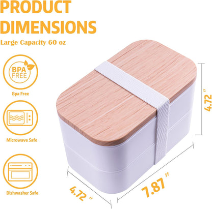 Stackable Bento Box with Utensils Microwave Safe, All-in-One Meal Prep Compartment Lunch Containers Leak Resistant Lunch Box with Sauce Container 60oz White(without bag)