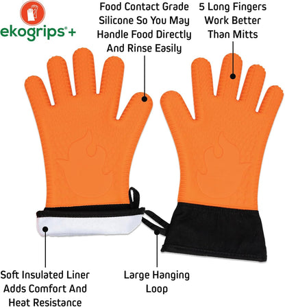 Ekogrips Plus Oven Gloves with Fingers, Comfy Waterproof Silicone Oven Mitts Heat Resistant with Long Cuff, Insulated BBQ Gloves Perfect for Grilling