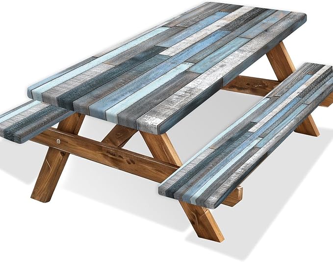 JAWO Picnic Table Cover with Bench Covers Rustic Wood Farmhouse Waterproof Windproof Fitted Outdoor Patio Camping Rectangle Tablecloth Washable 72x30 Inch Elastic Edges Blue Grey
