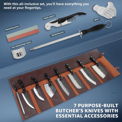 TIVOLI Butcher Knife Set for Meat Cutting, 13Pcs Upgraded High Carbon Steel Hand Forged Kitchen Knife Set with Roll Bag, Viking Chef Knife Set for Kitchen Outdoor BBQ