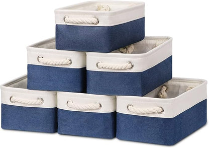 Bidtakay Small Canvas storage baskets with Handles [6 Pack] Navy Blue Fabric Storage Bins 11.8 x 7.8 x 5 inches Decorative storage baskets for Shelves, Closet, Nursery (White&Blue)