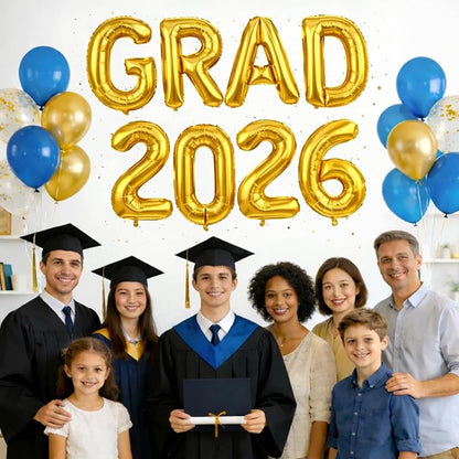 Gold Grad 2026 Balloons, 2026 Graduation Decorations Set Congrats Grad Foil Balloons Banner Sign for Class of 2026 Graduation Decorations College High School Prom Party Backdrop Supplies