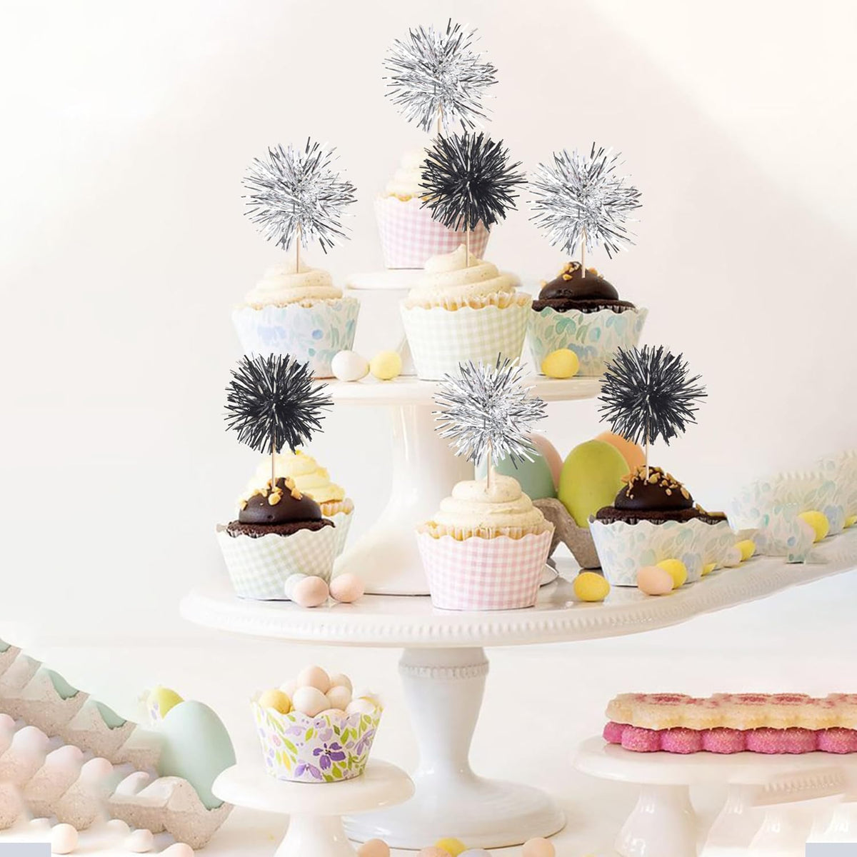 40 PCS Foil Firework Cupcake Toppers Sparkle Tinsel Cupcakae Picks Foil Firework Party Decorations Cocktail Fruit Toothpick for Fireworks Theme Birthday Wedding Graduation Party Decor Black Silver