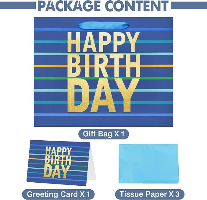 13" Large Blue Gift Bag with Tissue Paper, Card and Handles for Men's Birthday, Kids' or Baby Boy (Stripe) (Large Blue)