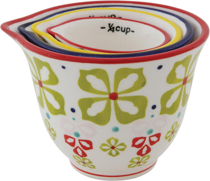 Creative Co-Op Floral Hand Stamped Stoneware Measuring Cups (Set of 4 Sizes/Designs)