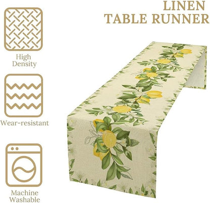 Summer Lemon Table Runner, Spring Blooming Lemon Tree Branches Bouquets Yellow Green Leaves Table Runner for Farmhouse Home Dining Kitchen Table Party Decor, 13x36inch