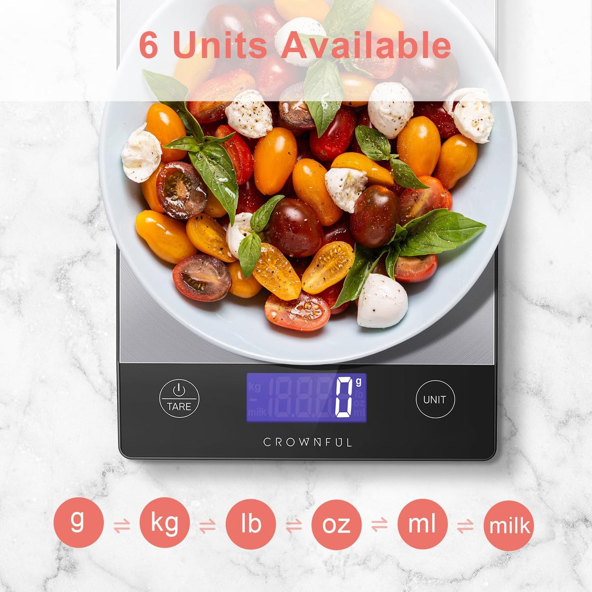 Crownful Food Scale, Rechargeable 304 Stainless Steel Digital Kitchen Scale Upto 33lb Weight Grams and Ounces with LCD Display and Type-C Charging